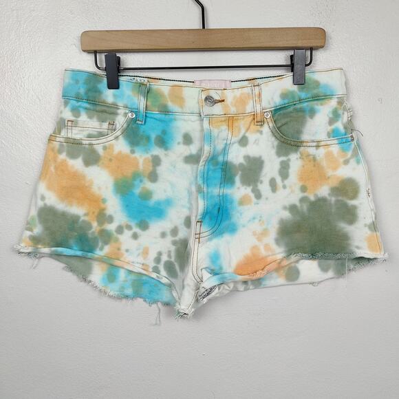 Revice Tie Dye Jean Shorts Womens 29 Blue Green Cut‎ Offs High Rise Button Fly - Picture 1 of 6